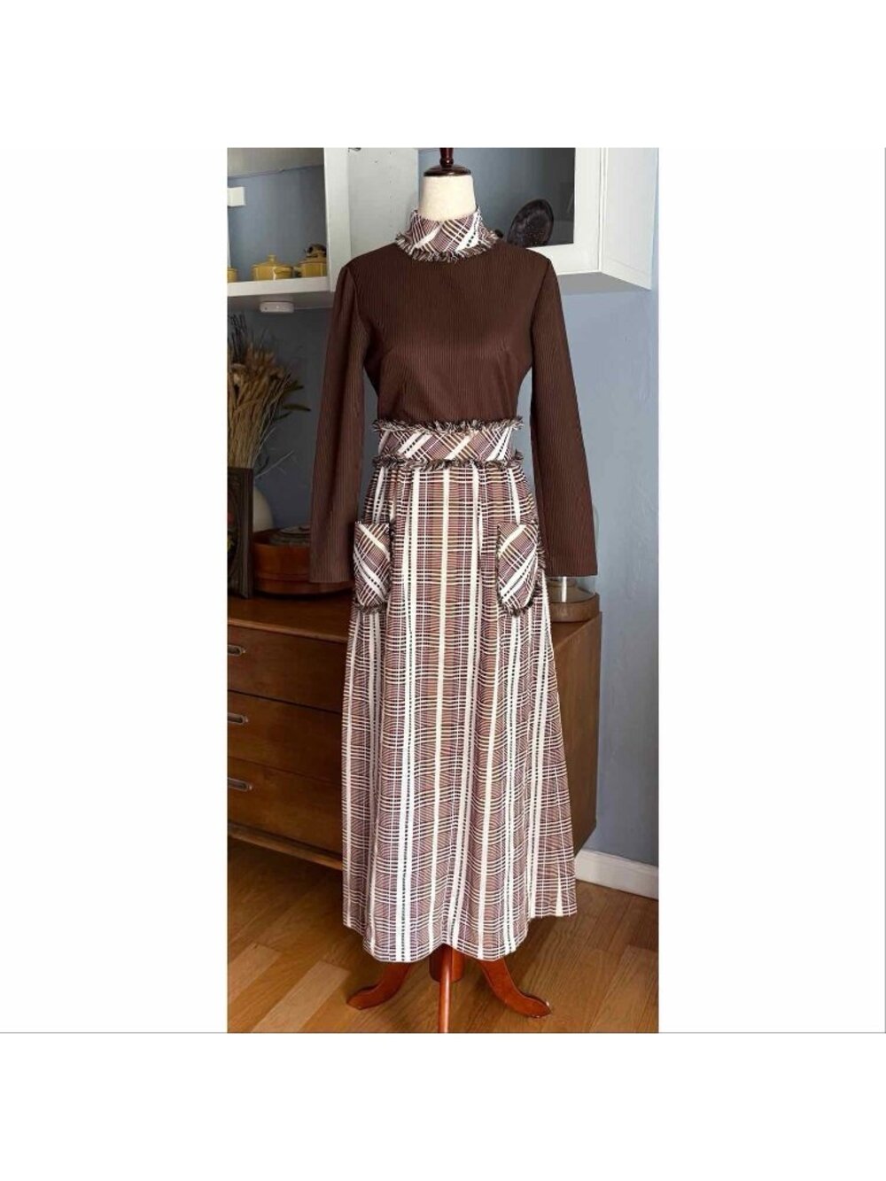 VTG 70s Maxi Dress Shady Lane Jonathan Logan Plaid Brown Sz S Cottagecore Retro